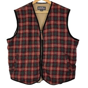 WOOLRICH Red Gray Ranch Plaid Wool Blend Fleece Lined Full Zip Vest Jacket sz XL
